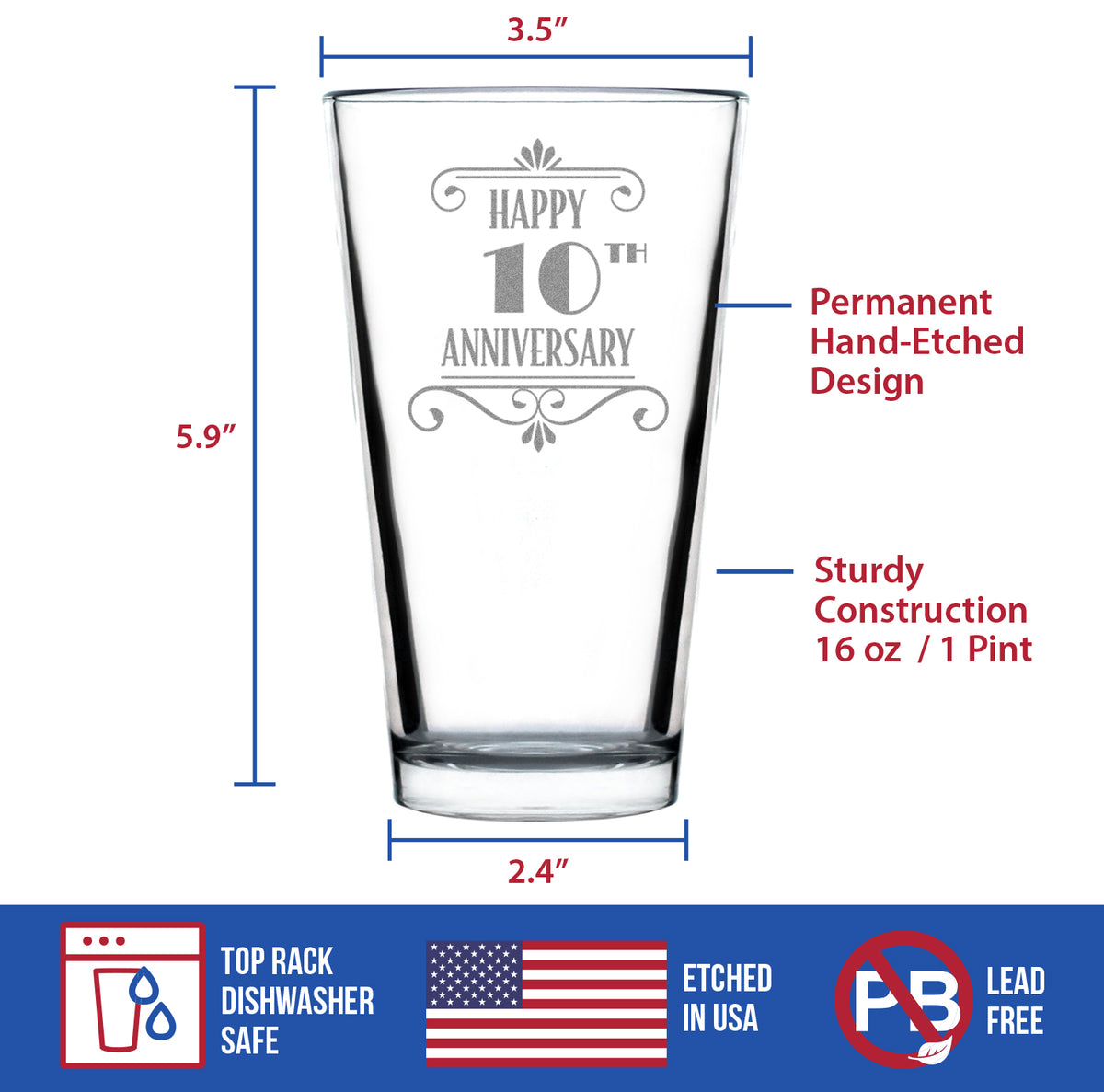 Happy 10th Anniversary Engraved Pint Glass Gifts 10 Year Anniversary Art Deco Party Decor High Quality Pint Glasses for Beer - 16oz
