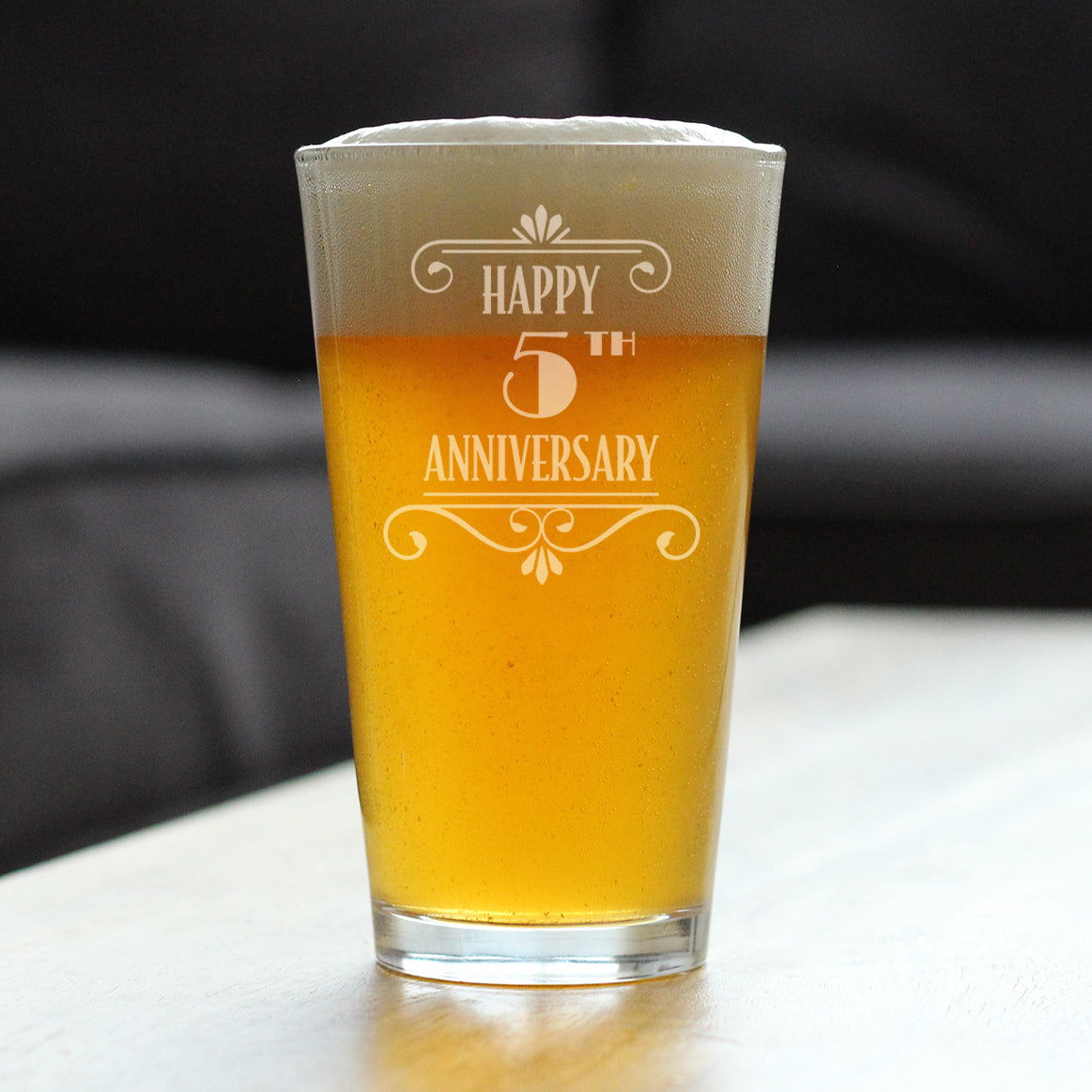 Happy 5th Anniversary Engraved Pint Glass Gifts 5 Year Anniversary Art Deco Party Decor High Quality Pint Glasses for Beer - 16oz