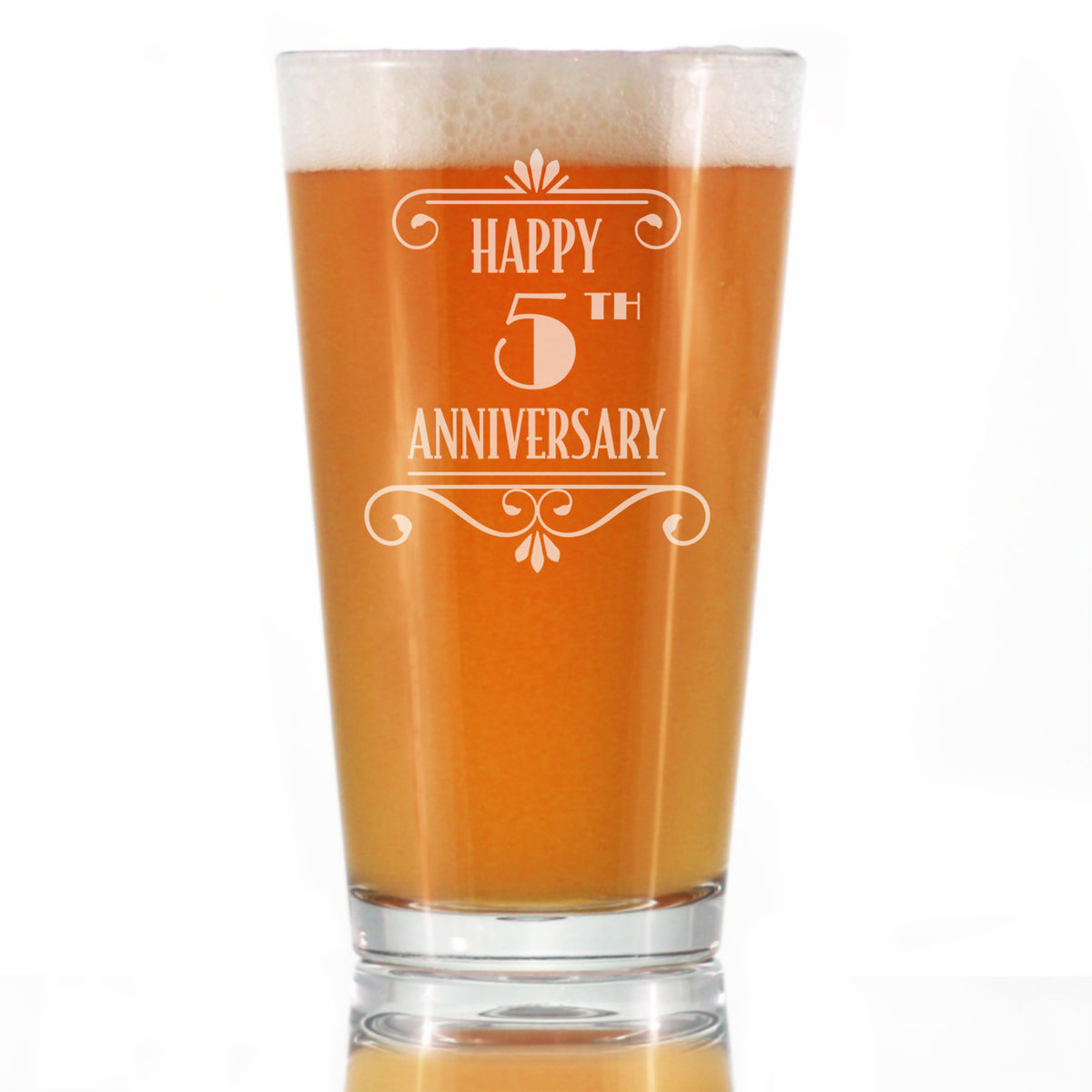 Happy 5th Anniversary Engraved Pint Glass Gifts 5 Year Anniversary Art Deco Party Decor High Quality Pint Glasses for Beer - 16oz
