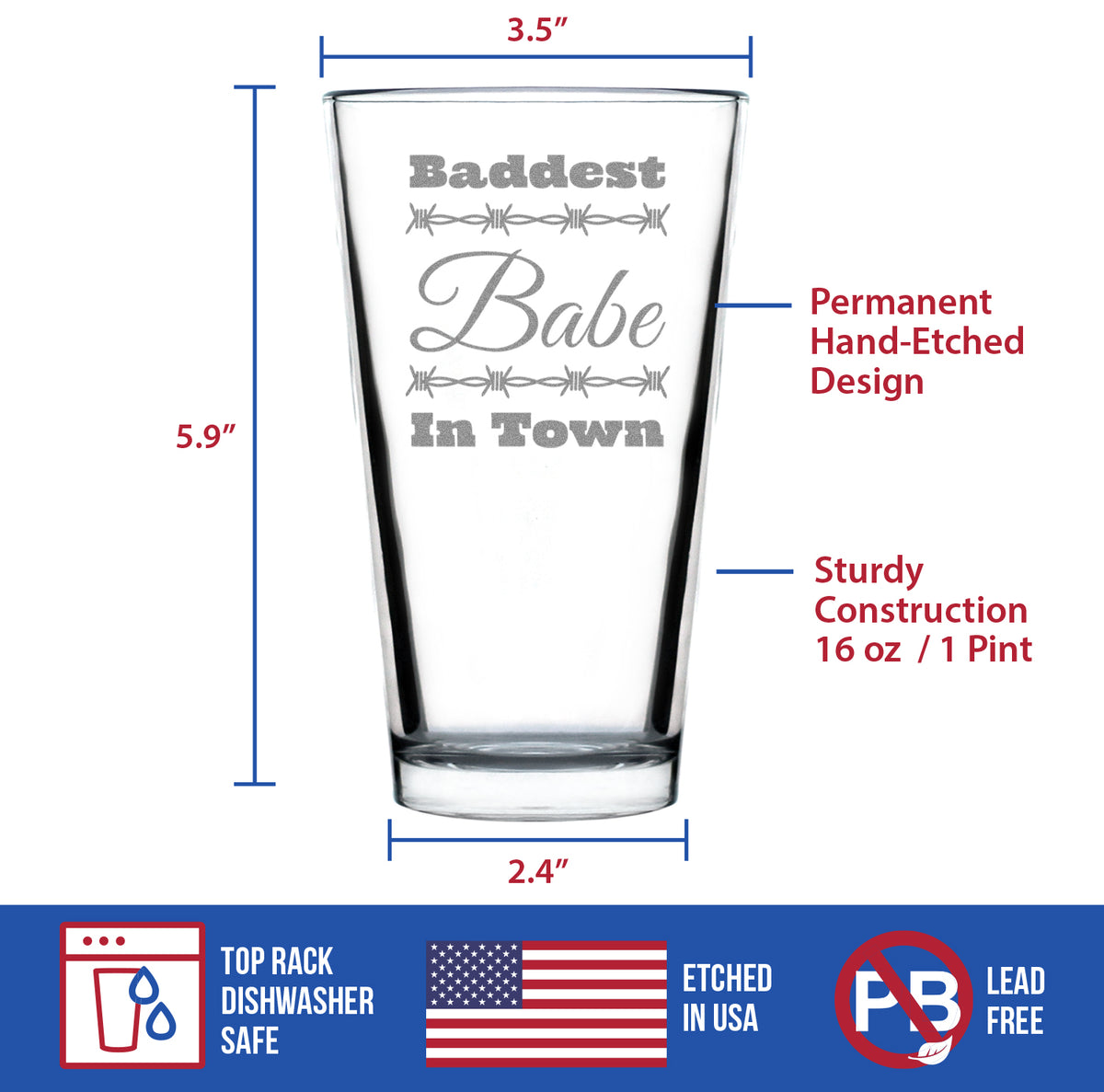 Baddest Babe in Town Engraved Pint Glass Gifts Gifts for Women with Attitude High Quality Pint Glasses for Beer - 16oz
