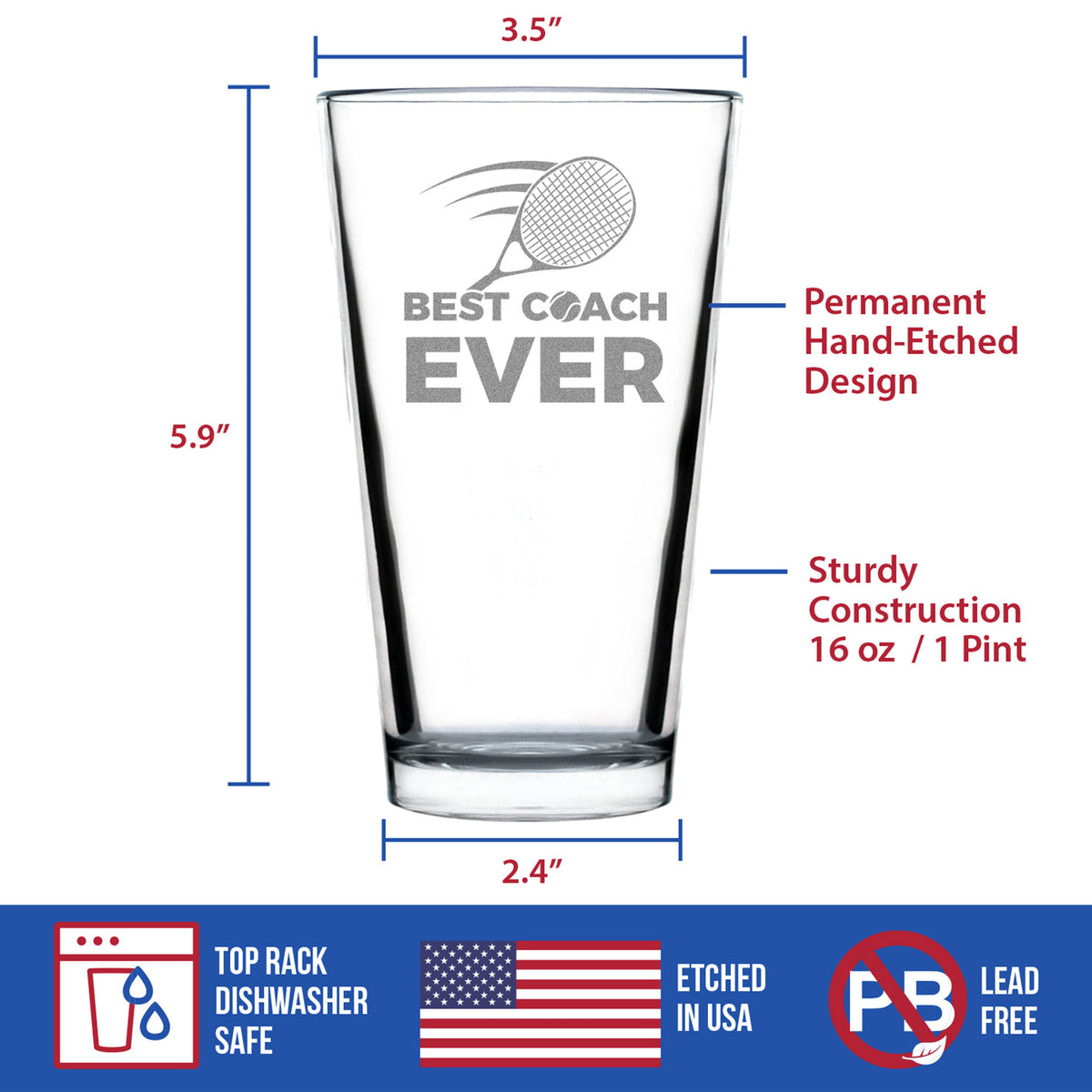 Tennis Coach Gifts for Coaches - Engraved Pint Glass - Best Coach Ever - High Quality Pint Glasses for Beer - 16oz