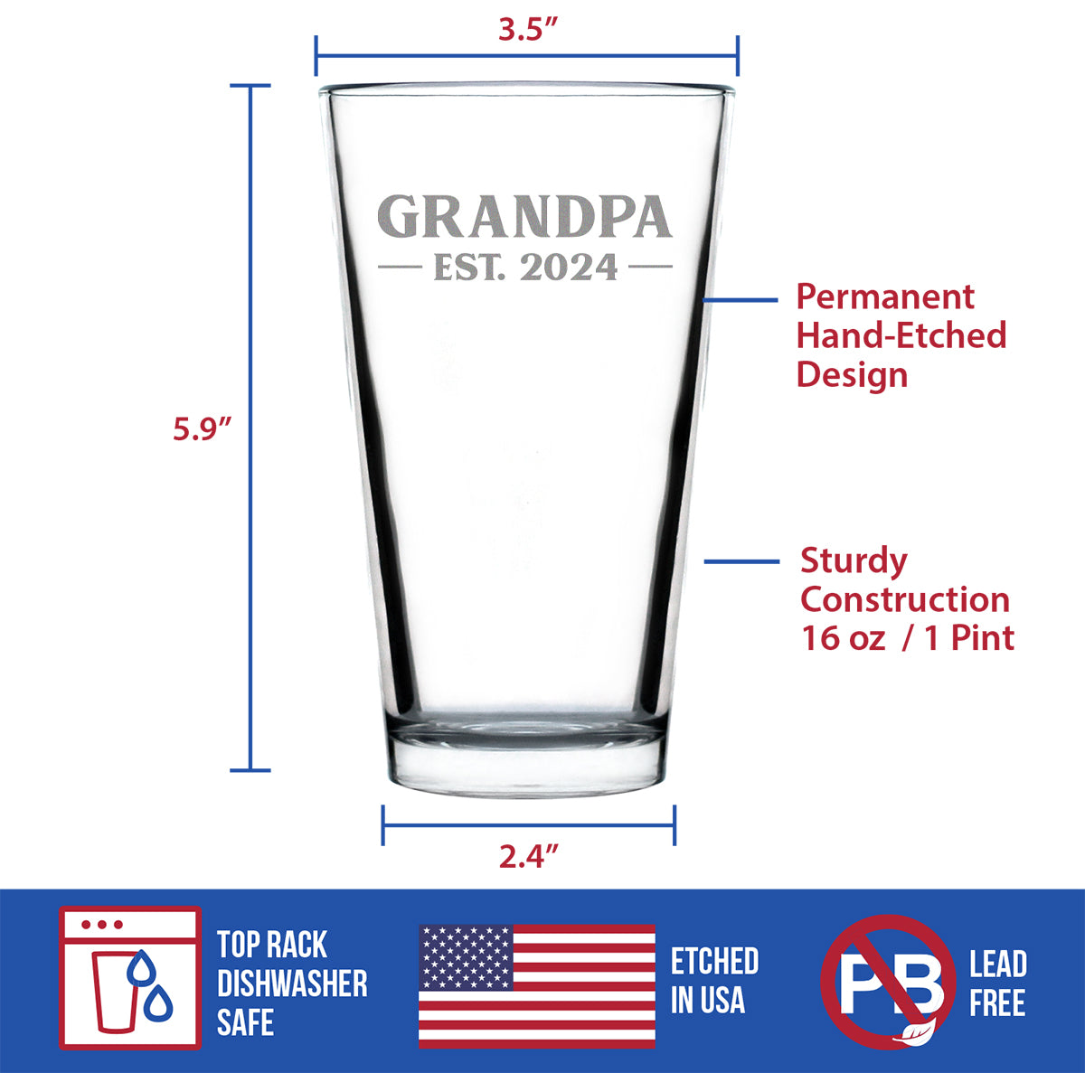 Grandpa Est 2024 - New Grandfather Pint Glass Gift for First Time Grandparents - Bold 16 Oz Glasses
