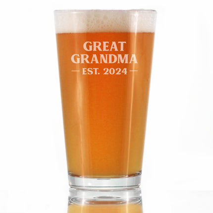 Great Grandma Est 2024 - New Great Grandmother Pint Glass Gift for First Time Great Grandparents - Bold 16 Oz Glasses