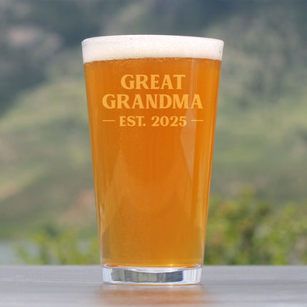 Great Grandma Est 2025 - New Great Grandmother Pint Glass Gift for First Time Great Grandparents - Bold 16 Oz Glasses
