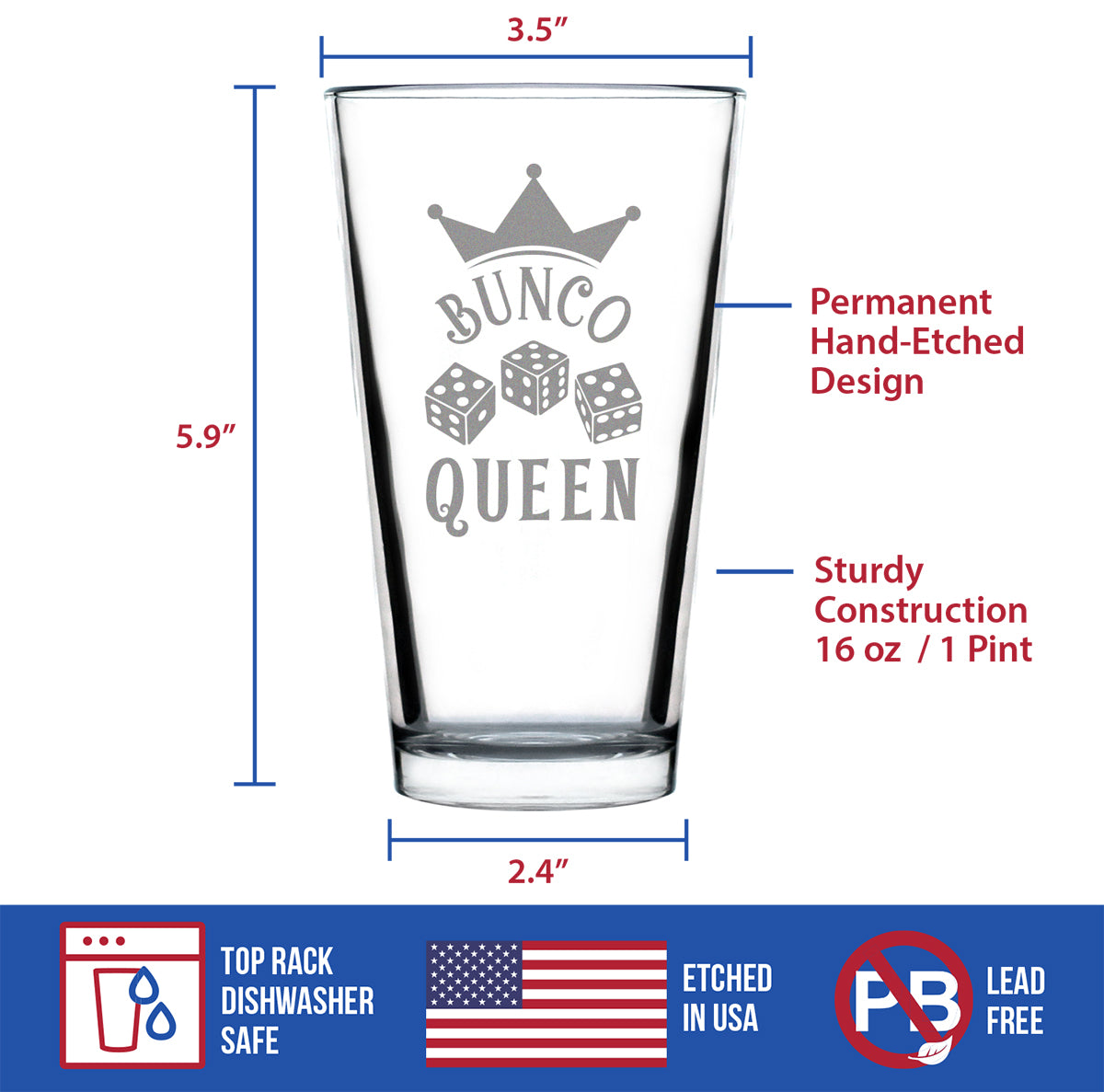 Bunco Queen Pint Glass for Beer - Bunco Decor and Bunco Gifts for Women - 16 Oz Glasses