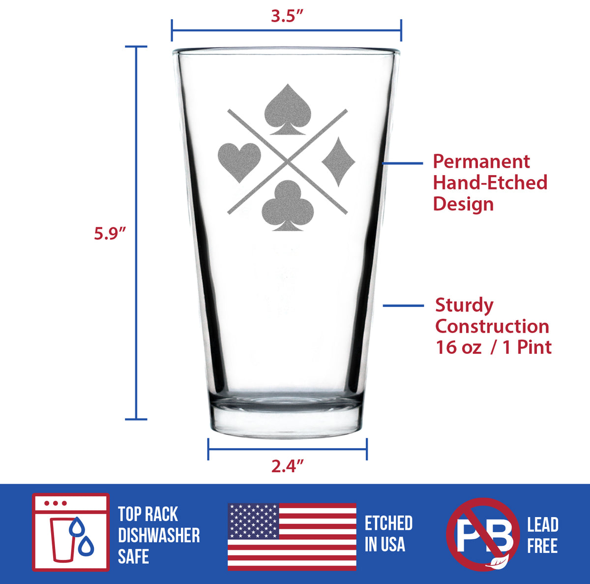 Card Suits Engraved Pint Glass High Quality Gifts for Card Players High Quality Pint Glasses for Beer - 16oz