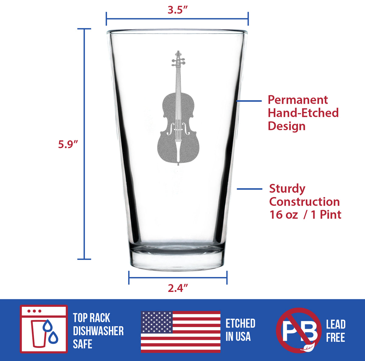 Cello - Pint Glass for Beer - Orchestra Gifts for Cellists - 16 oz Glasses