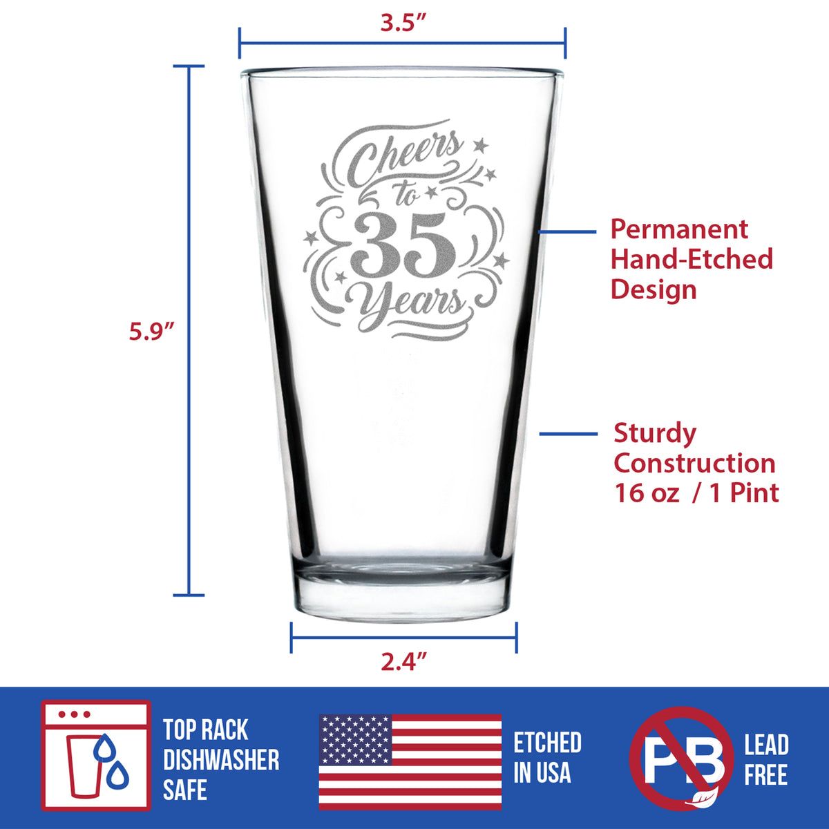 Cheers to 35 Years - Engraved Pint Glass - 35th Anniversary or Birthday Party Decor - High Quality Pint Glasses for Beer - 16oz