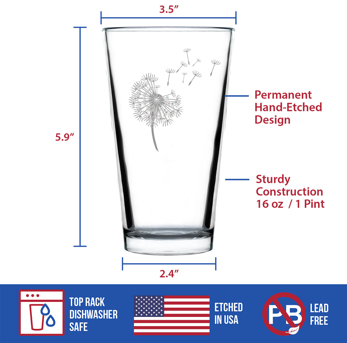 Dandelion Pint Glass for Beer - Friendship Gifts and Dandelion Flowers Decor for New Beginnings - 16 Oz Glasses