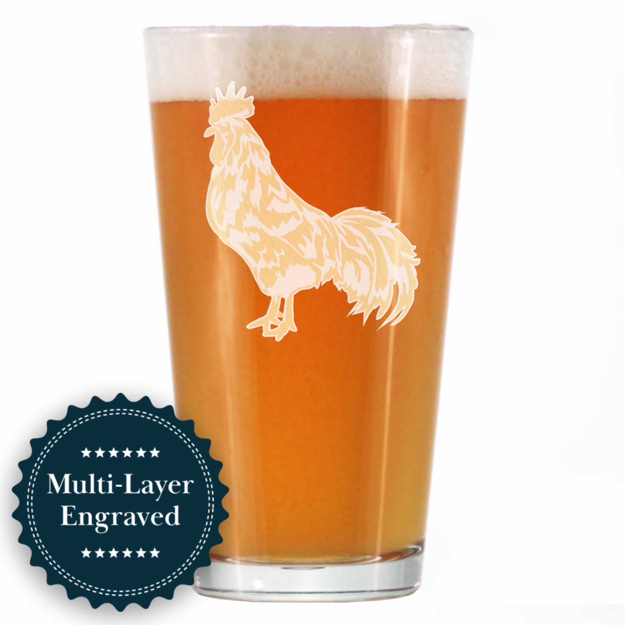 Rooster Engraved Pint Glass - Multi-Layer Engraving - 16 oz