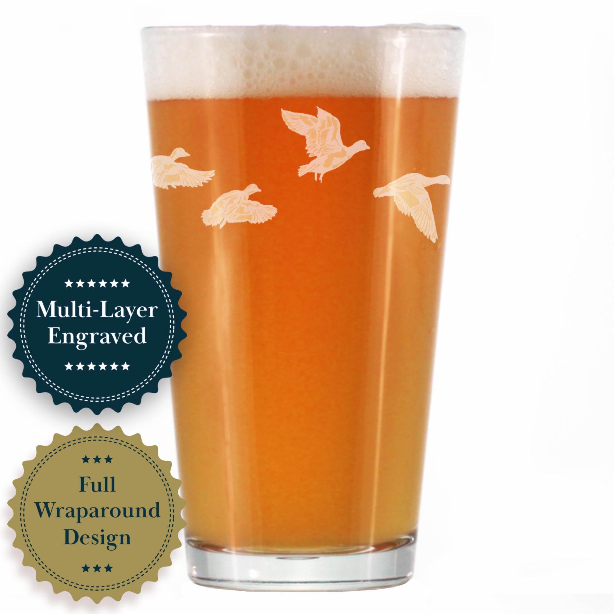Flying Ducks Engraved Pint Glass - Full Wrap - Multi-Layer Engraving - 16 oz
