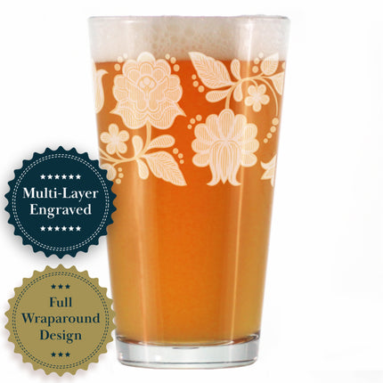 Folk Art Floral Engraved Pint Glass Hungarian Kalocsa Embroidery Pattern Multi-Layer Engraving - 16 oz