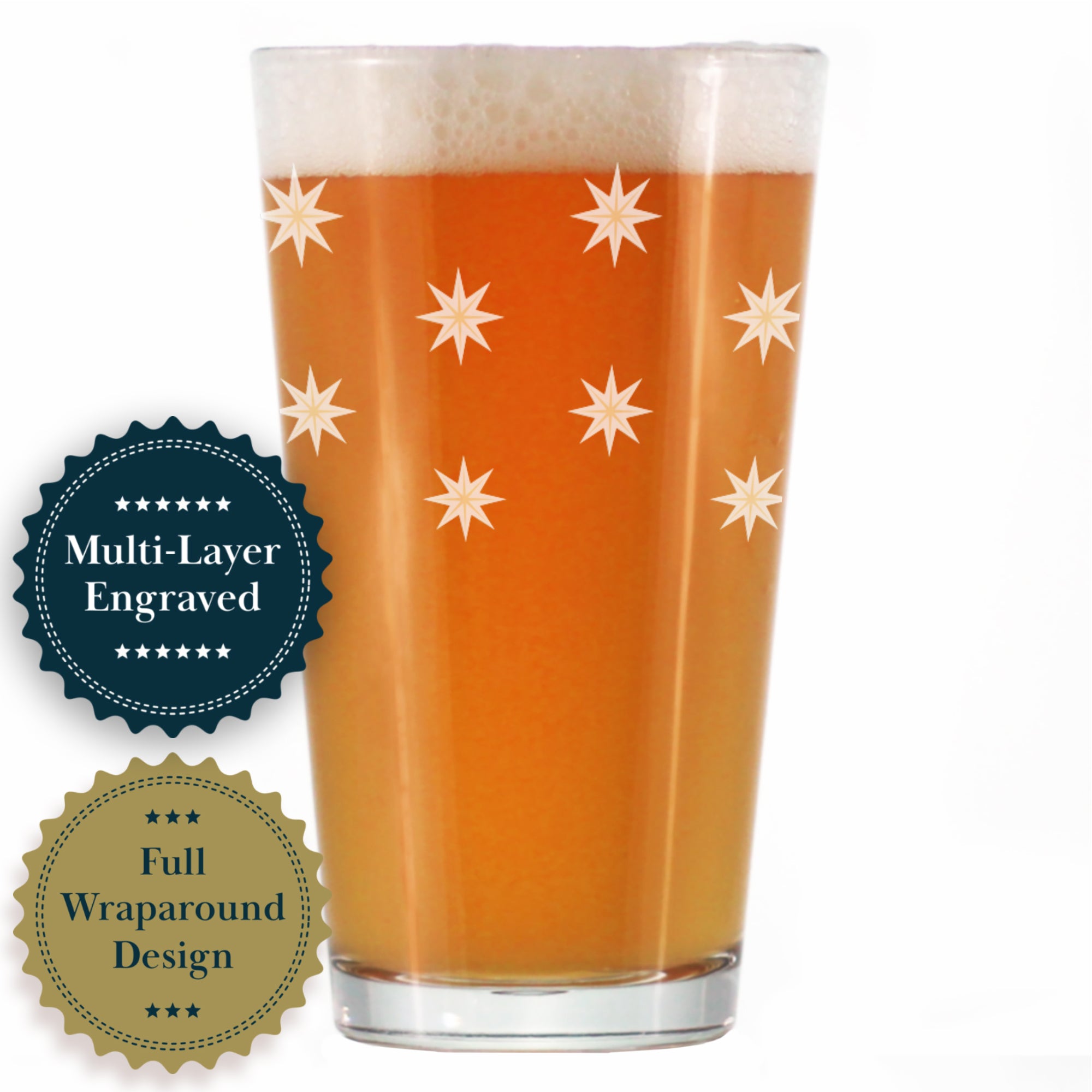 Star Pattern Engraved Pint Glass - Full Wrap - Multi-Layer Engraving - 16 oz