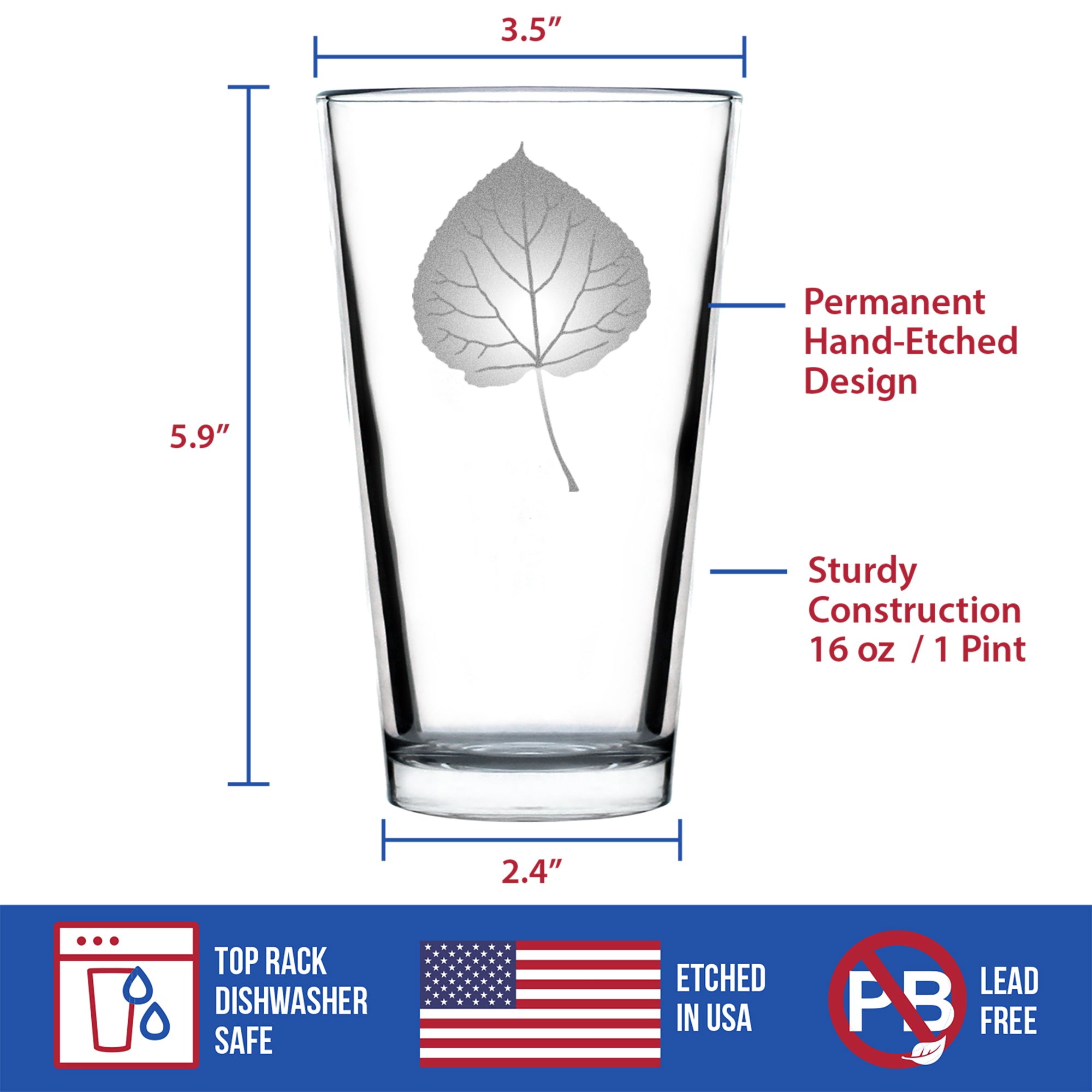 Aspen Leaf Engraved Pint Glass - Multi-Layer Engraving - 16 oz