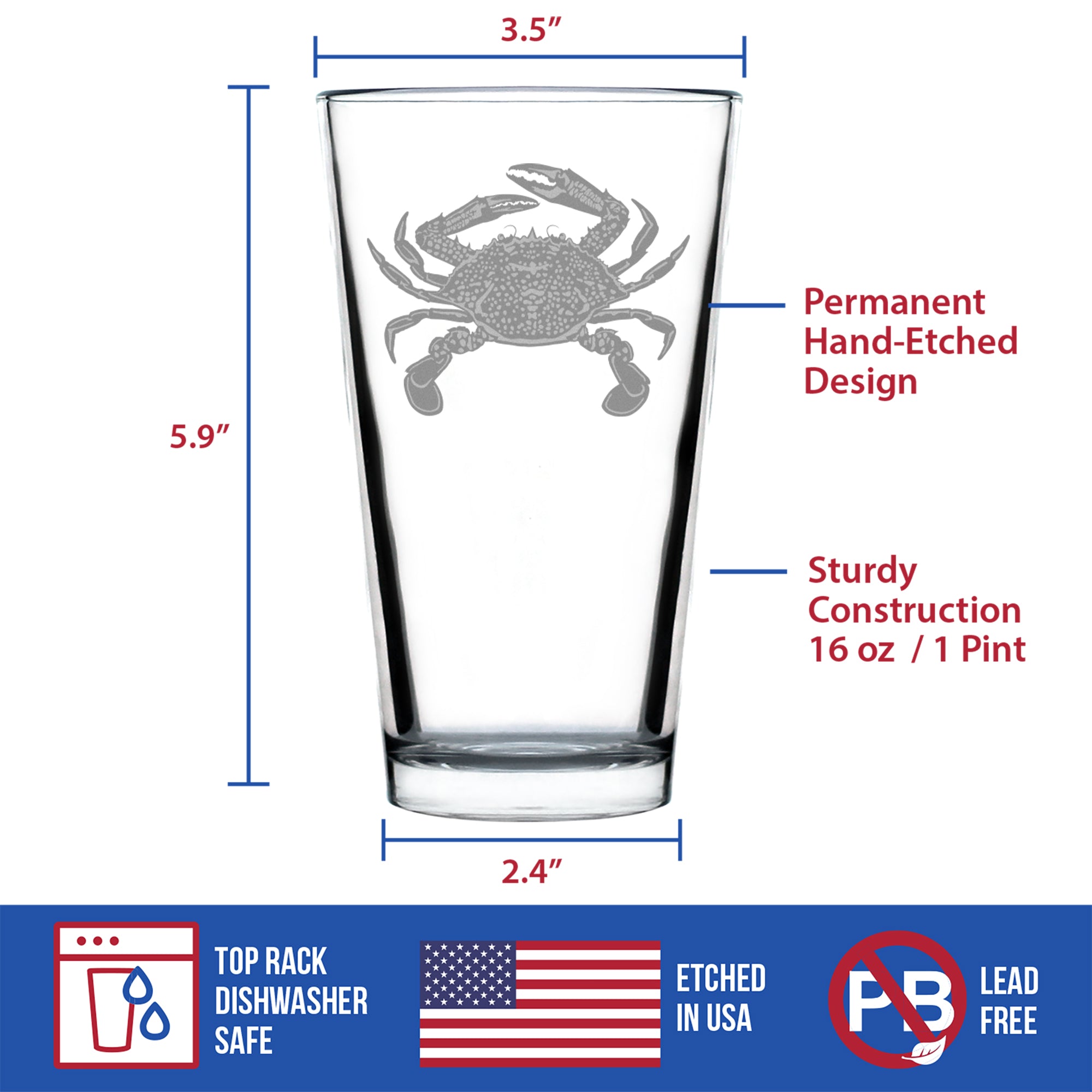 Crab Engraved Pint Glass - Multi-Layer Engraving - 16 oz
