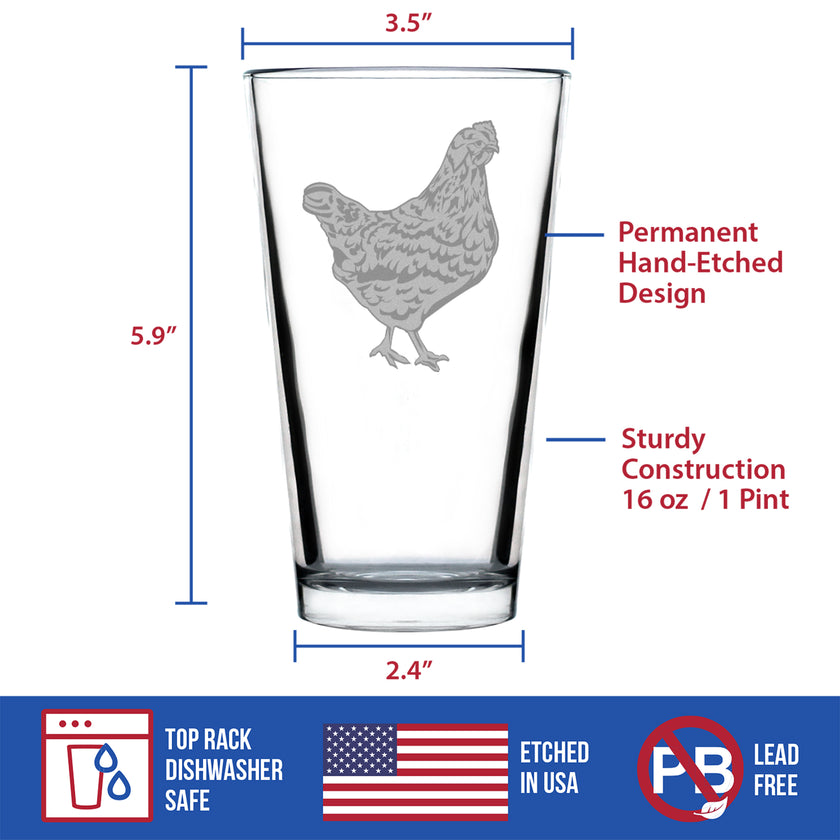 Hen Engraved Pint Glass - Multi-Layer Engraving - 16 oz