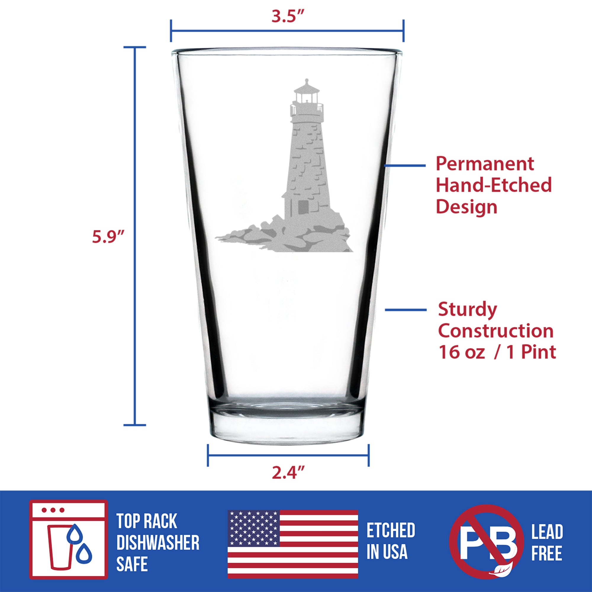 Lighthouse Engraved Pint Glass - Multi-Layer Engraving - 16 oz