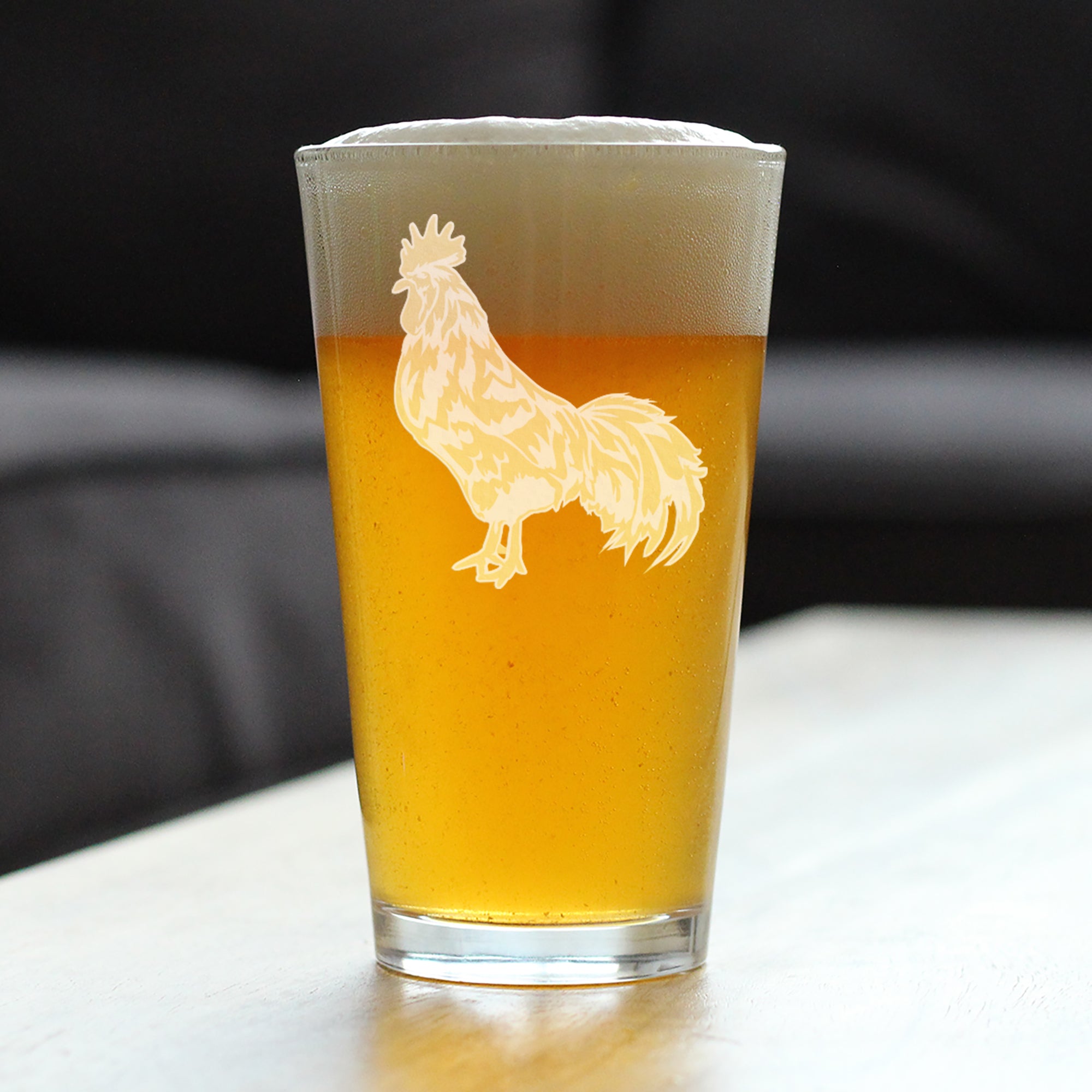 Rooster Engraved Pint Glass - Multi-Layer Engraving - 16 oz