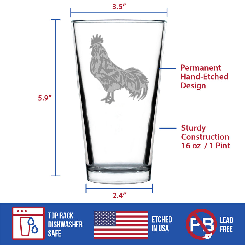 Rooster Engraved Pint Glass - Multi-Layer Engraving - 16 oz