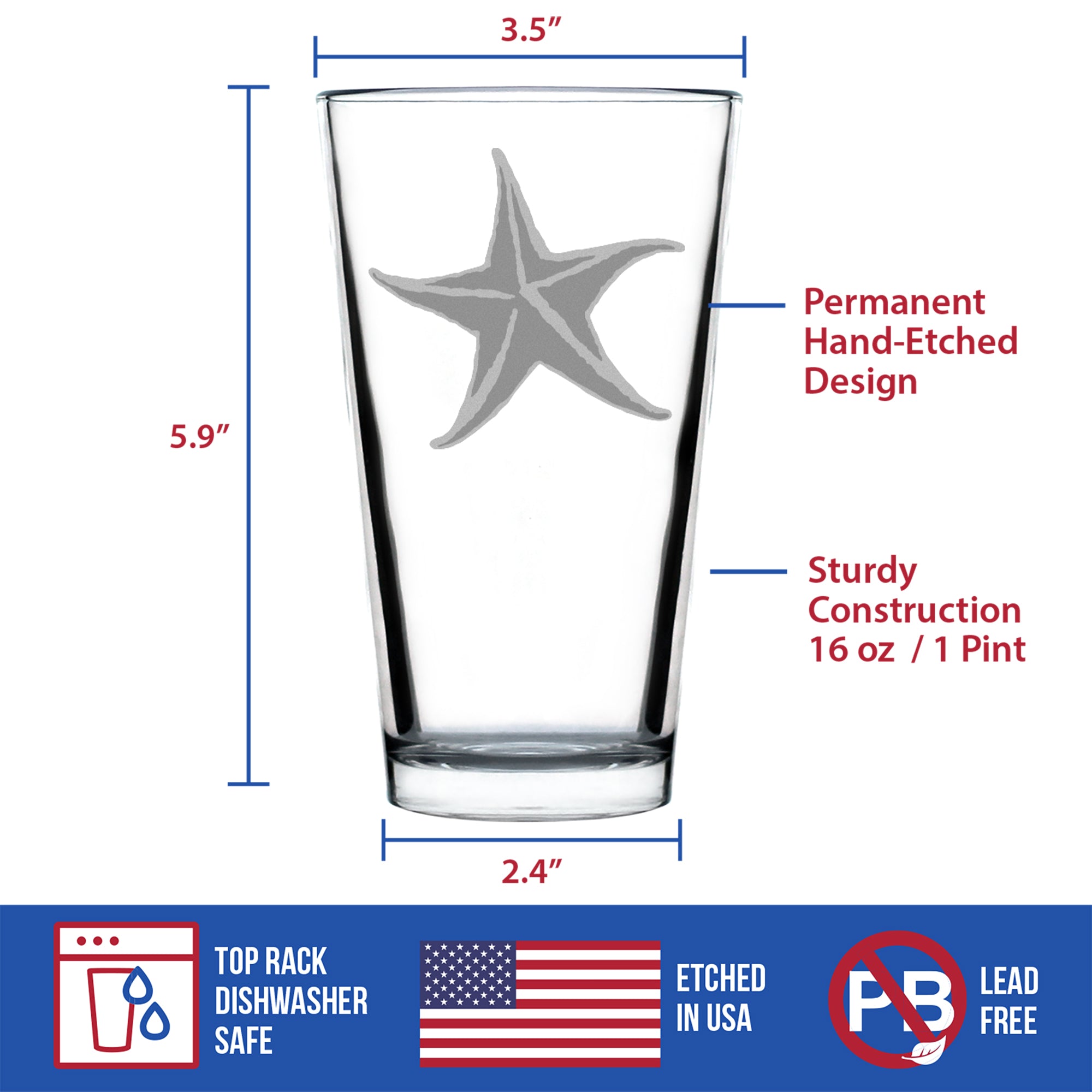 Starfish Engraved Pint Glass - Multi-Layer Engraving - 16 oz