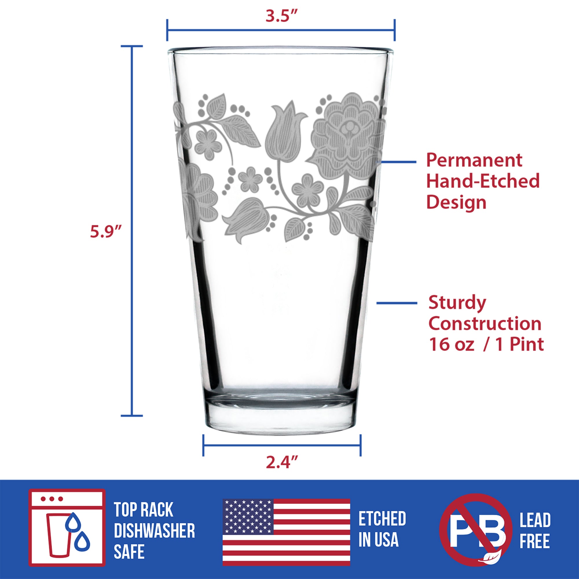 Folk Art Floral Engraved Pint Glass Hungarian Kalocsa Embroidery Pattern Multi-Layer Engraving - 16 oz