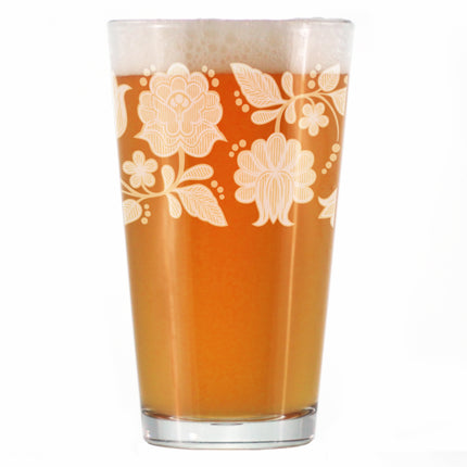 Folk Art Floral Engraved Pint Glass Hungarian Kalocsa Embroidery Pattern Multi-Layer Engraving - 16 oz