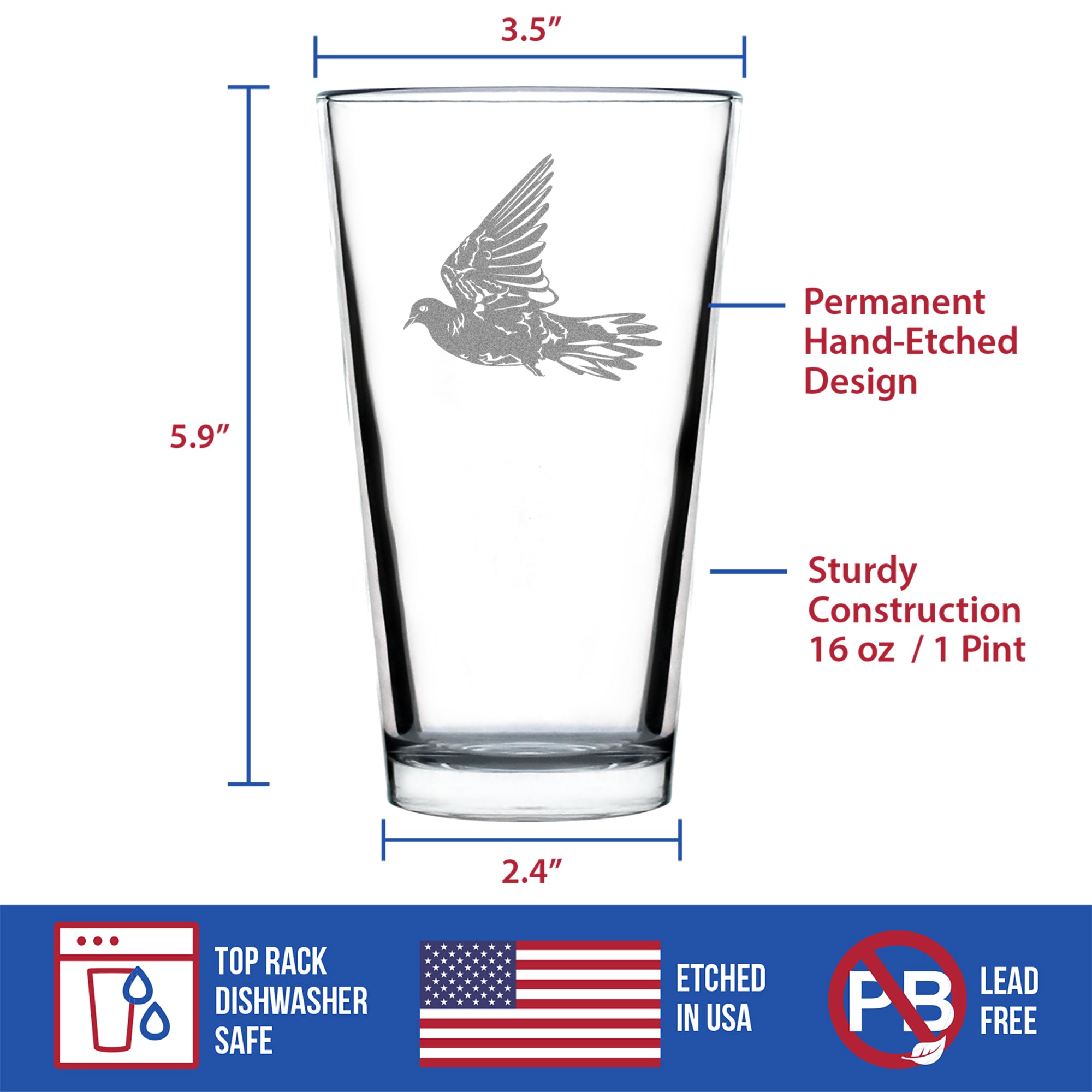 Dove - Engraved Pint Glass Birds Decor, Accessories and Bird Themed Gifts for Bird Lovers High Quality Pint Glasses for Beer - 16oz