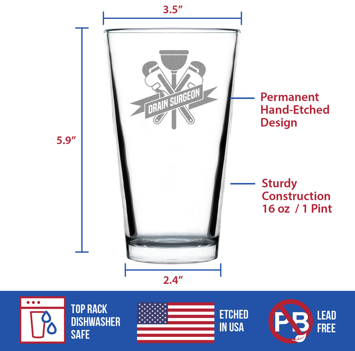 Drain Surgeon - Pint Glass for Beer - Funny Plumber Gifts for Men and Women - 16 oz Glasses