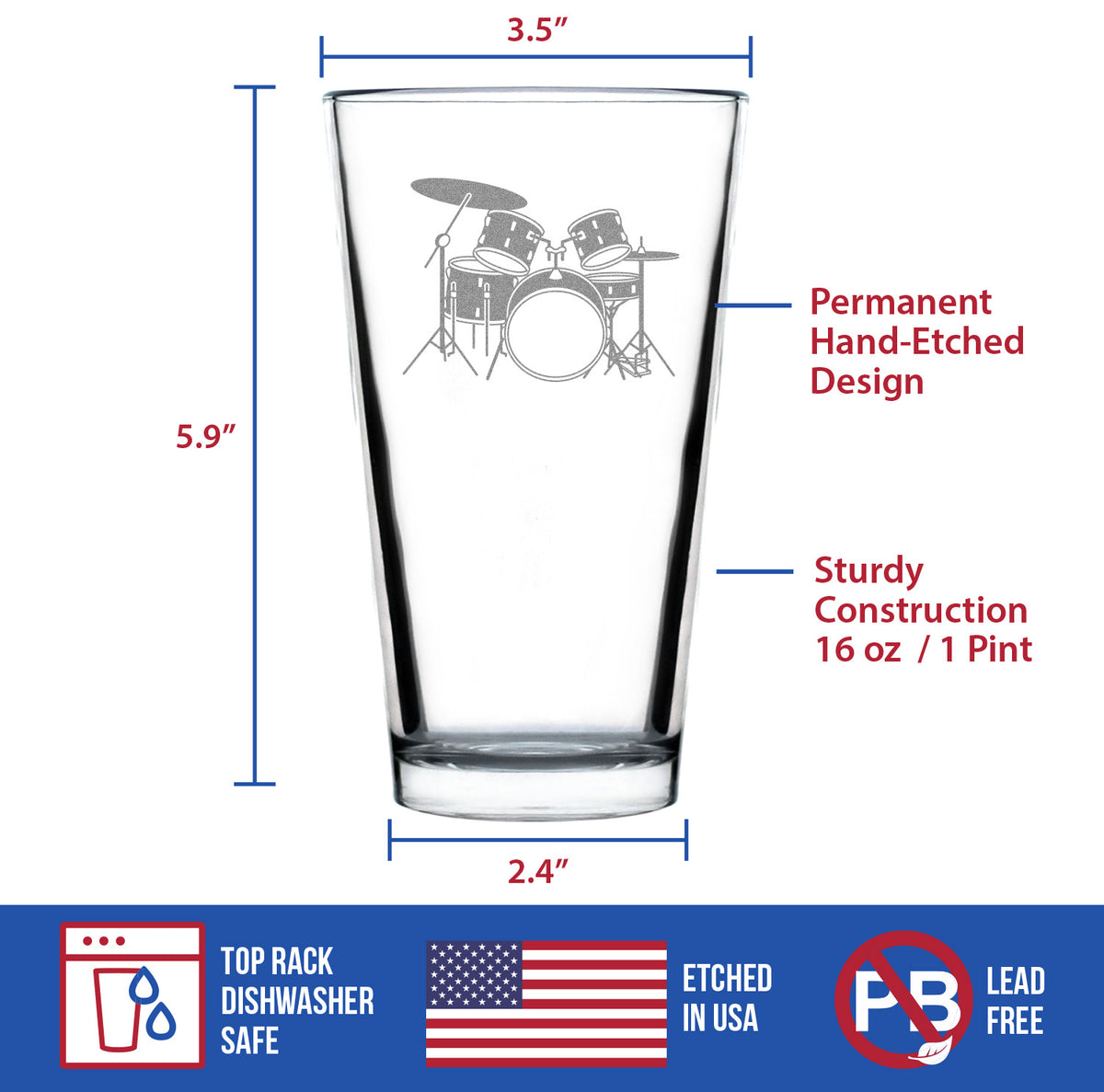 Drums - Pint Glass for Beer - Drumming Gifts for Drummers - 16 oz Glasses