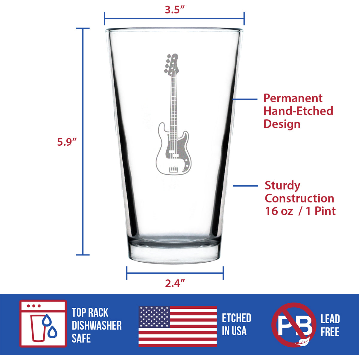 Electric Bass Pint Glass for Beer - Music Gifts for Bass Players, Teachers and Musical Accessories for Musicians that Play Bass Guitar - 16 Oz Glasses