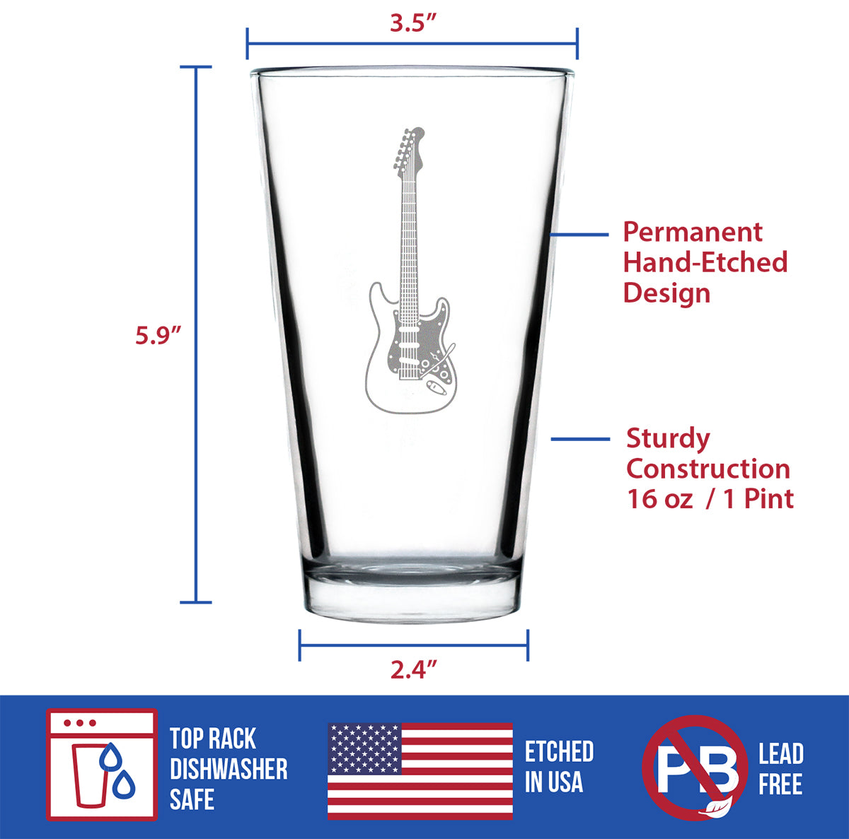 Electric Guitar Pint Glass for Beer - Music Gifts for Guitar Players, Teachers and Musical Accessories for Musicians that Play Guitar - 16 Oz Glasses