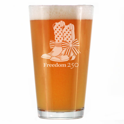 Freedom 250 Cowgirl Boots Engraved Pint Glass - 16oz Official USA 250th Anniversary Merch