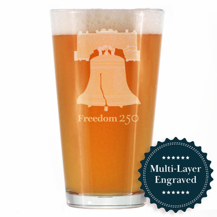 Freedom 250 Liberty Bell Engraved Pint Glass Official Merch for 250th Anniversary of the USA High Quality Pint Glasses for Beer - 16oz