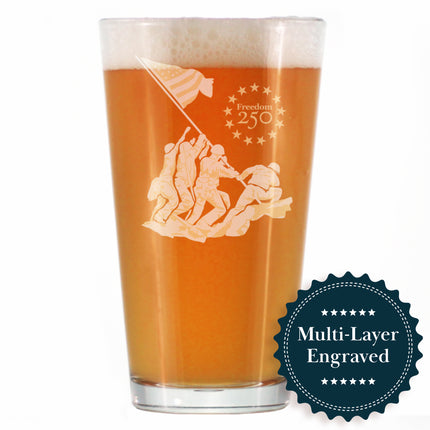 Freedom 250 Raising the Flag on Iwo Jima Engraved Pint Glass Official Merch for 250th Anniversary of the USA High Quality Pint Glasses for Beer - 16oz