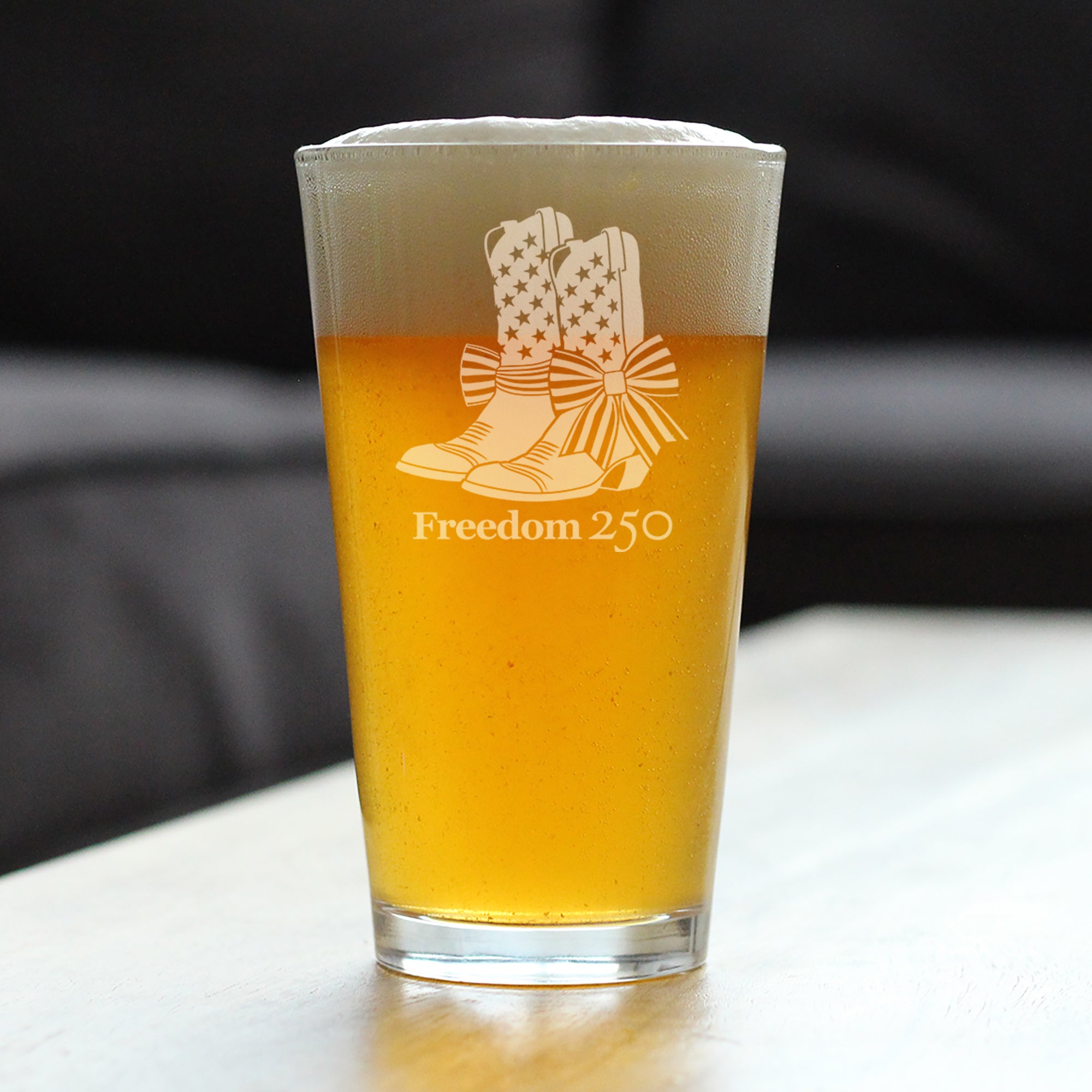 Freedom 250 Cowgirl Boots Engraved Pint Glass - 16oz Official USA 250th Anniversary Merch