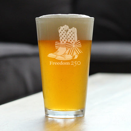 Freedom 250 Cowgirl Boots Engraved Pint Glass - 16oz Official USA 250th Anniversary Merch
