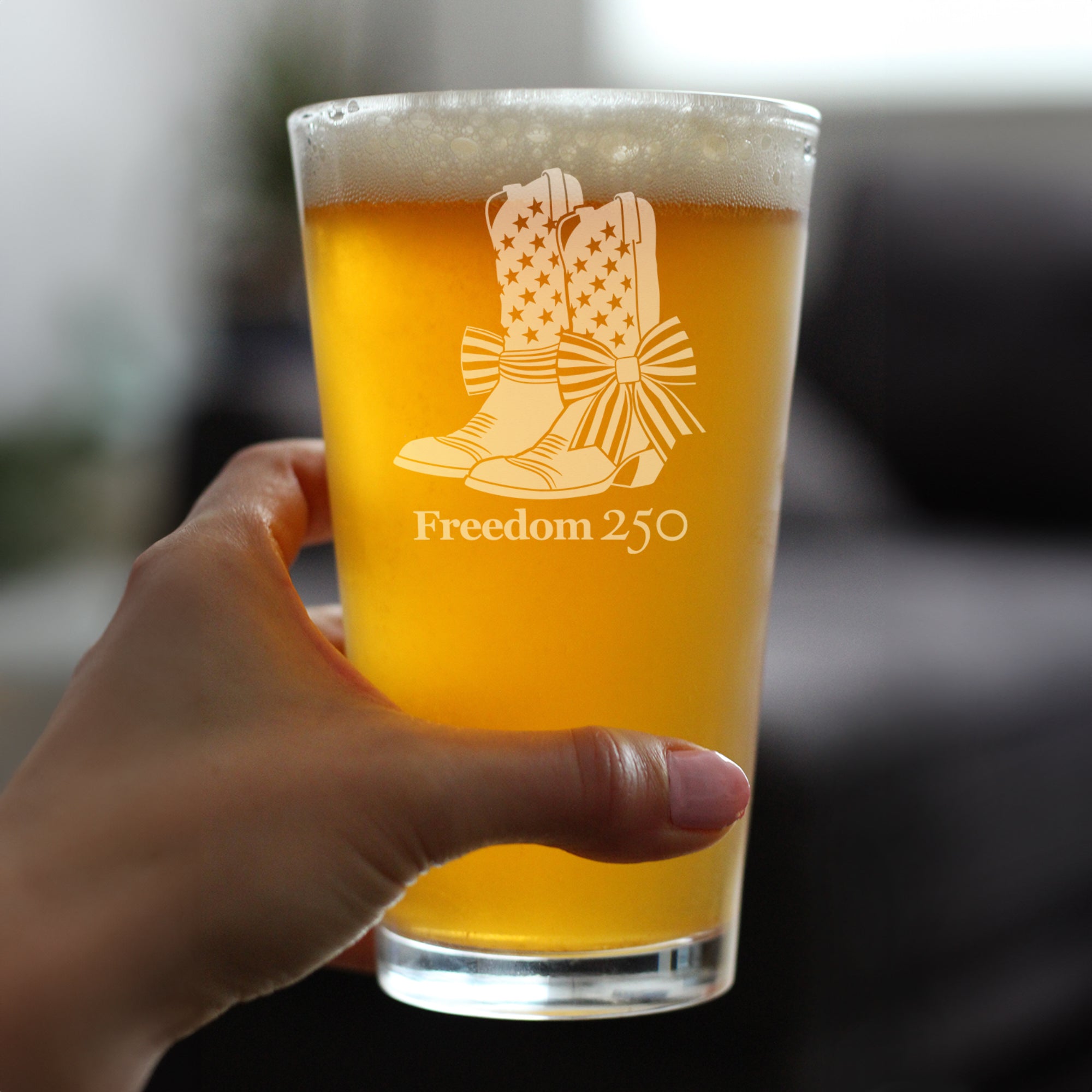 Freedom 250 Cowgirl Boots Engraved Pint Glass - 16oz Official USA 250th Anniversary Merch