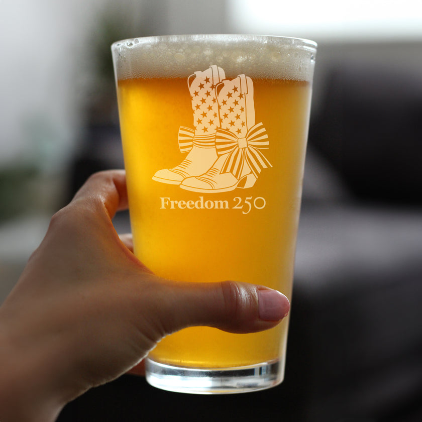 Freedom 250 Cowgirl Boots Engraved Pint Glass - 16oz Official USA 250th Anniversary Merch