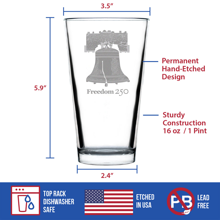 Freedom 250 Liberty Bell Engraved Pint Glass – 16oz Official USA 250th Anniversary Merch