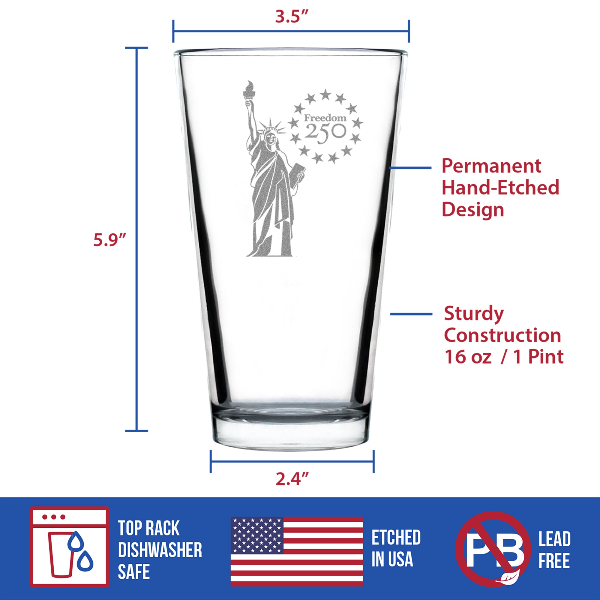 Freedom 250 Statue of Liberty Engraved Pint Glass - 16oz Official USA 250th Anniversary Merch