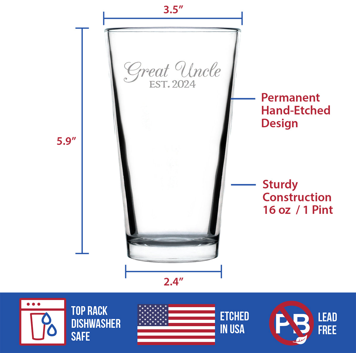 Great Uncle Est 2024 - Pint Glass Gift for First Time Great Uncles - Decorative 16 Oz Glasses