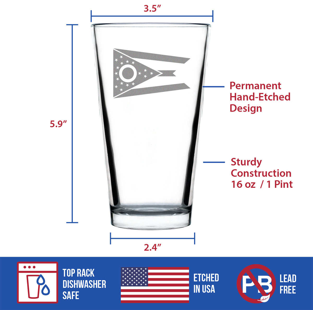 Ohio Flag Pint Glass for Beer - State Themed Drinking Decor and Gifts for Ohioan Women &amp; Men - 16 Oz Glasses