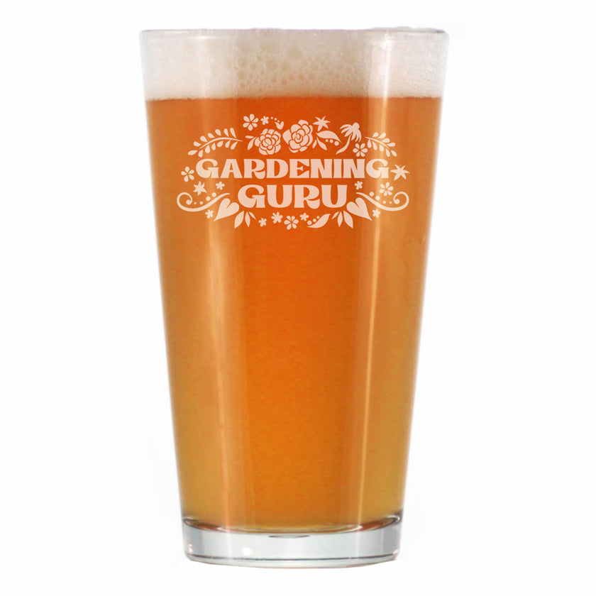Gardening Guru - Engraved Pint Glass - Gardening Gifts for Gardeners - High Quality Pint Glasses for Beer - 16oz