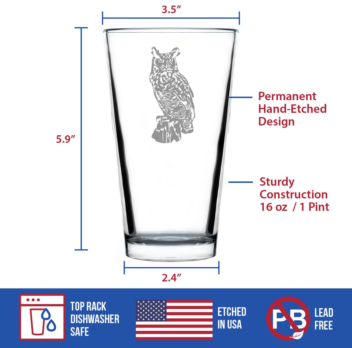 Great Horned Owl Engraved Pint Glass Owl Decor and Bird Lover Gifts High Quality Pint Glasses for Beer - 16oz