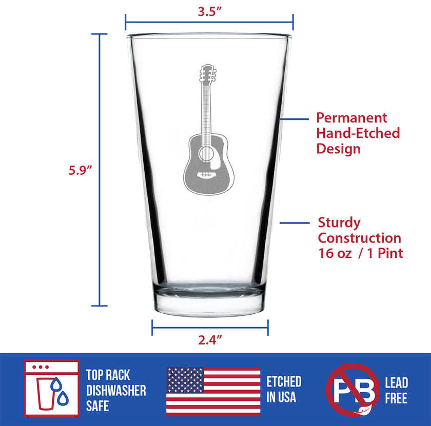 Acoustic Guitar - Pint Glass for Beer - Fun Musician Gifts and Musical Accessories for Women and Men - 16 Oz Glasses