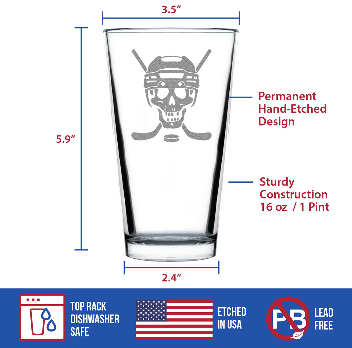 Hockey Skull Engraved Pint Glass Gifts Hockey Gifts for Coach or Players High Quality Pint Glasses for Beer - 16oz