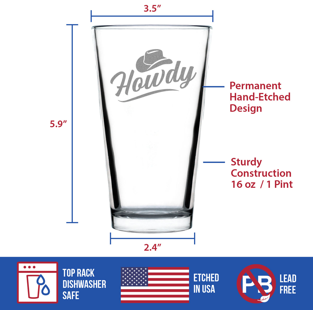 Howdy Engraved Pint Glass Gifts Country Western Decor for Home High Quality Pint Glasses for Beer - 16oz