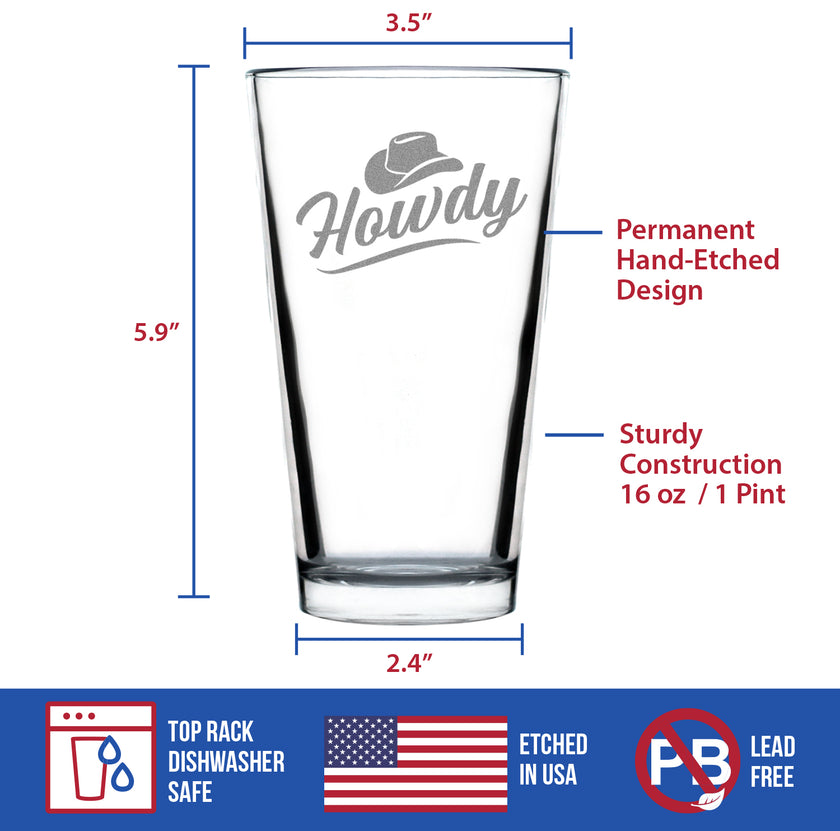 Howdy Engraved Pint Glass Gifts Country Western Decor for Home High Quality Pint Glasses for Beer - 16oz