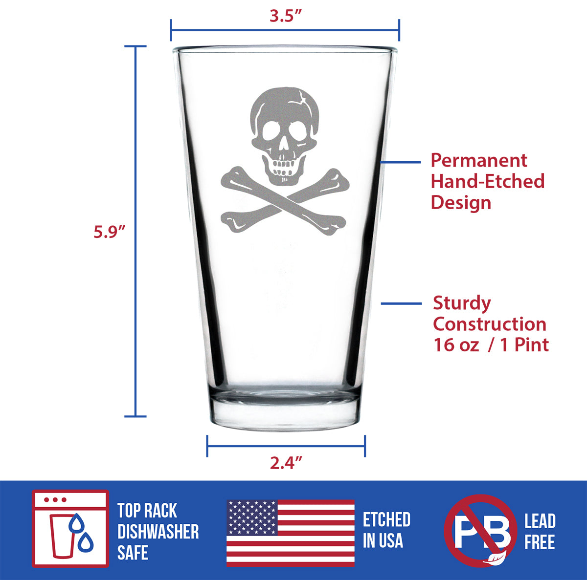 Skull and Crossbones Pint Glass for Beer - Skull Decor and Jolly Roger Flag Gifts - 16 Oz Glasses