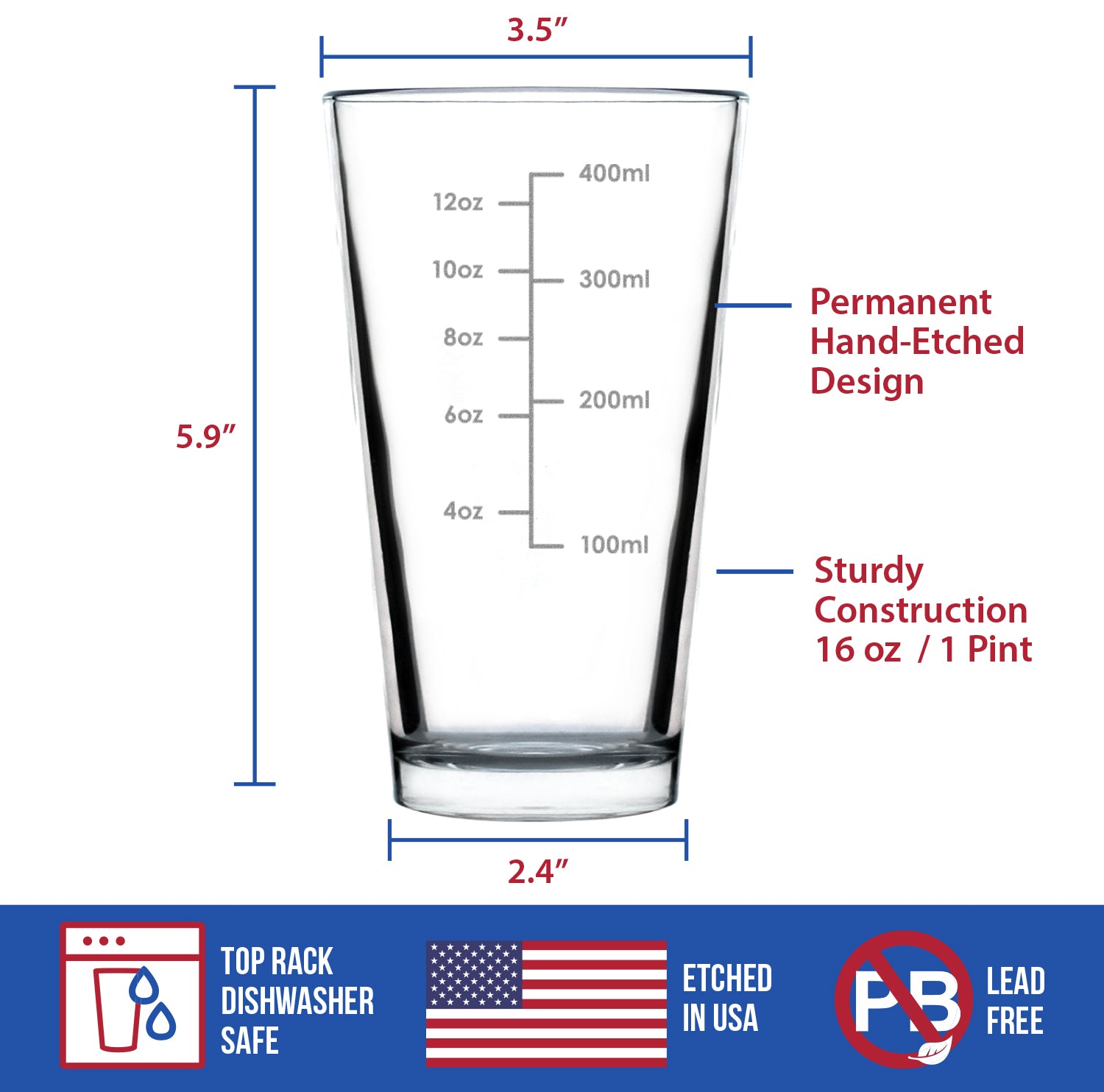Mixing Glass Measuring Cup - Pint Glass for Bar - Engraved Measurement Lines for Cocktails & Portion Control - Ounces and Metric - 16 oz Glasses